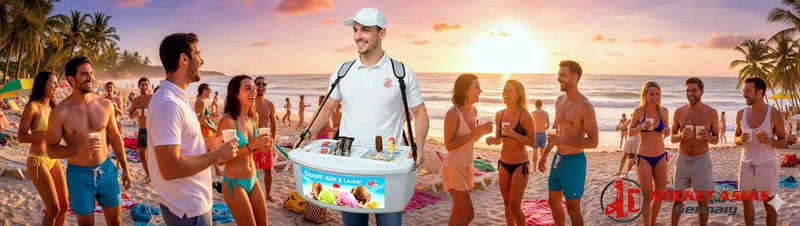 Rocketpacks Eiscreme Bauchladen﻿ auf der ESC Party Salzburg mit aktivem Person-to-Person Marketing und Sampling-Highlights.