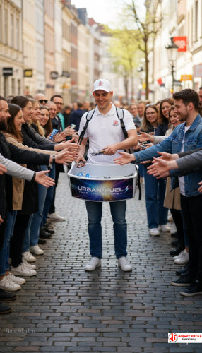 Bauchladen-Verkäufer auf Open-Air-Konzert in Essen – Getränkepromotion und Live-Erlebnis.