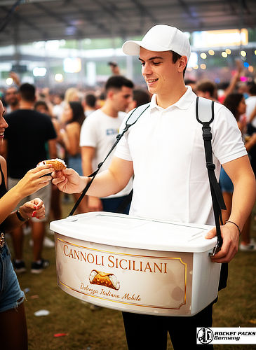 Bauchladen in elegantem Weiß mit luxuriösem Gold-Branding für "Cannoli Siciliani". Die Szene zeigt den mobilen Verkauf italienischer Spezialitäten auf einem belebten Event mit Fokus auf hochwertige Materialoberflächen und professionelles Cannoli Design.