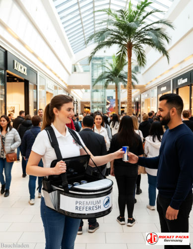 Bauchladen-Verkauf auf Hannover Expo Plaza – Erlebnisgastronomie und Live-Promotion.