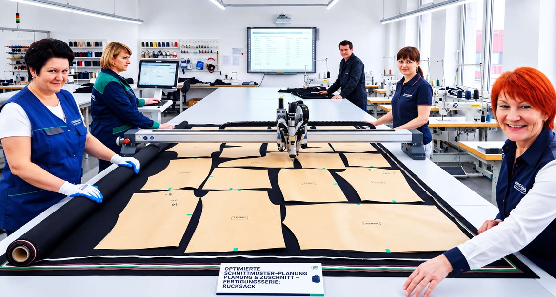 Mitarbeitende bei der professionellen Textilverarbeitung und beim präzisen Materialzuschnitt an einer industriellen Zuschneideanlage