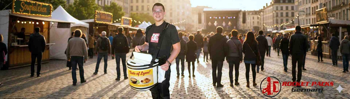 Ein Bauchladen mit auffälliger Markenwerbung, getragen von einer Promoterin auf einem Stadtfestival. Das Design kombiniert farbenfrohe Logos und Slogans mit praktischen Fächern für Produktproben, um direkte Markenkommunikation im öffentlichen Raum zu ermöglichen