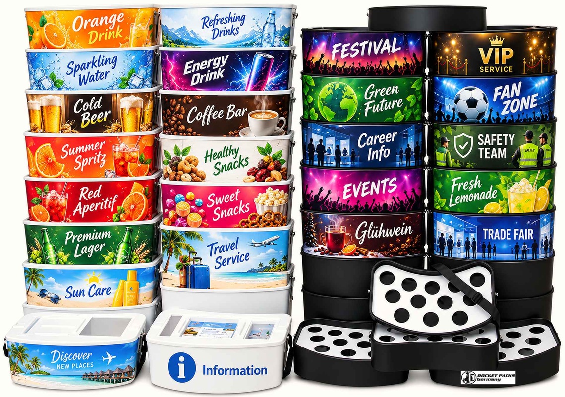Verschiedene Bauchladen-Modelle mit individuell gestalteten Werbeflächen für Getränke, Snacks, Promotion und Veranstaltungen