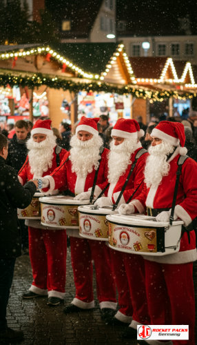 Mobile Bauchladen-Weihnachtsmarkt-Glühwein-Serving-Szene auf dem Nürnberger Christkindlesmarkt bei dichtem Schneefall und warm geröteter Festbeleuchtung, mitten zwischen dicht gedrängten Besuchergruppen vor historischen Fachwerkfassaden, als professionelle To-Go-Hawking-Lösung für Getränke, ideal zur Präsentation, Probier-Verkostung, Event-Sampling und effizienten Gästebewirtung auf saisonalen Winter-Festivals,