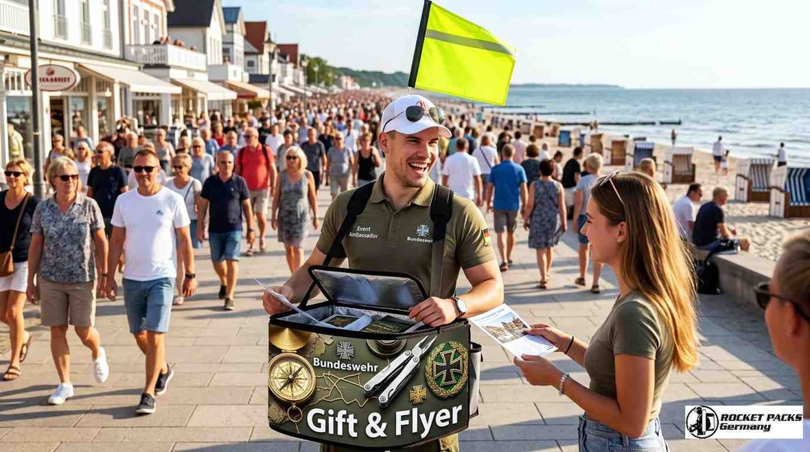 XL Bauchladen Umhängetablett für die massenhafte Verteilung von Produktproben in Zürich; großflächige Warenpräsentation zur Verkaufsförderung.