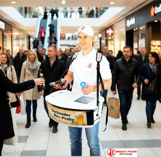 Sampling Bier to Go mit Bauchladen beim Canterbury Fest in Hamburg, inkl. POS Trend und aufmerksamkeitsstarker visueller Merchandise Gestaltung.