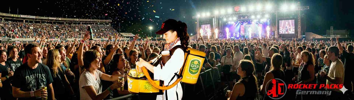 Mobiler Bauchläden-Verkäufer bei Bierverkostung auf dem Bierfestival Frankfurt 2025, umgeben von Besucherinnen und Besuchern, die fröhlich Getränke probieren und die Atmosphäre eines lebendigen Open-Air-Events genießen