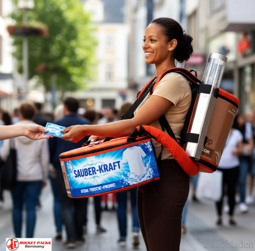 B2B Sampling mit portablem Bauchladen auf der Gastronomie Messe Hamburg, ergänzt durch personalisierte Kundenansprache und gezielte Verkaufsförderungsmaßnahmen.