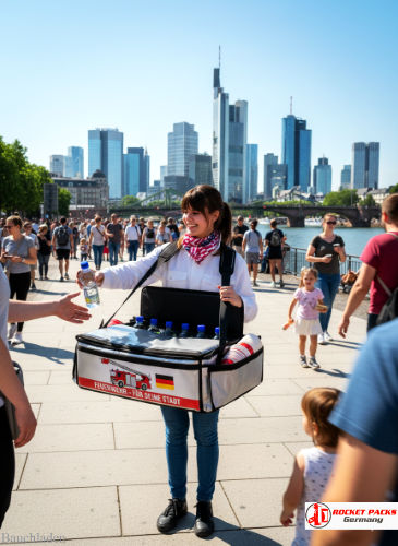 B2B Sampling mit portablem Bauchladen auf der Messe in Hamburg, mit ergänzender POS Kampagne und personalisierter Produktpräsentation für Getränkeunternehmen.