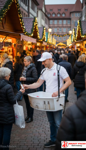 B2B Sampling mit portablem Bauchladen auf der Messe in Hamburg, mit ergänzender POS Kampagne und personalisierter Produktpräsentation für Getränkeunternehmen.