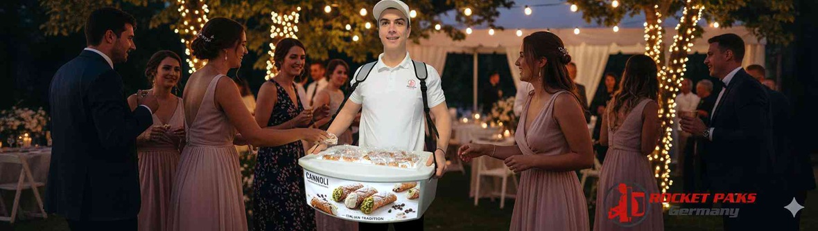 Verkäufer präsentiert Cannoli im Bauchladen auf Veranstaltung