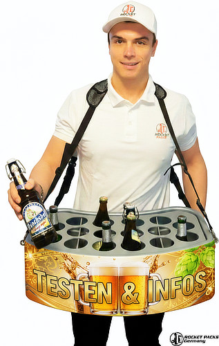 Ein Bauchladen für das Outdoor-Event-Marketing. Kurze Wege zum Kunden steigern den Abverkauf von Kaltgetränken auf unebenem Gelände.