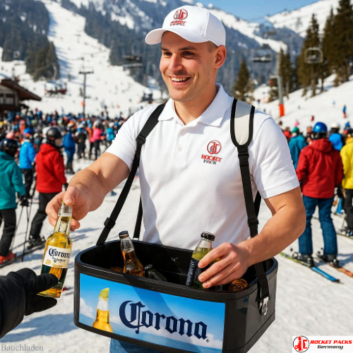 Corona Bauchladen bei der Kulturnacht in Bern Bier Iced Coffee & Teegetränke