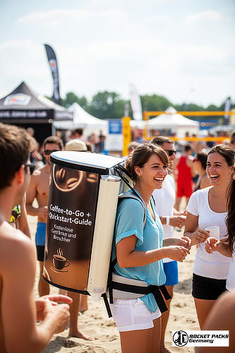 Kompakter Bauchladen mit isolierten Halterungen, ideal für den schnellen Ausschank von Heißgetränken in Fußgängerzonen oder Kirtag / Dult