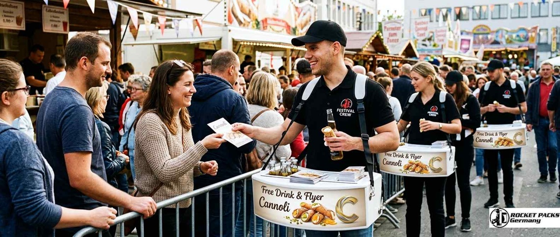 Mobile Eisverkaufs-Hilfe als isolierter Bauchladen inklusive passgenauer Kühlakkus für den wetterfestes Outdoor-Marketing-Konzept.