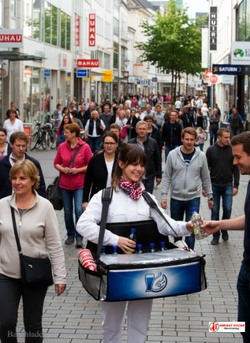 Eiscreme-Bauchladen auf Konstanzer Seepromenade – Sommerverkauf und Publikumsinteraktion.