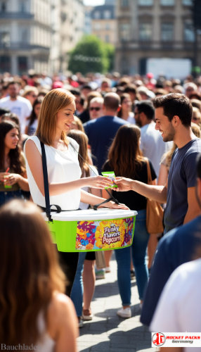 Sampling mit Rocketpacks Eiscreme Bauchladen beim Kulturfest Stuttgart, kombiniert mit On Pack Promotion﻿ und Markenbotschaft.