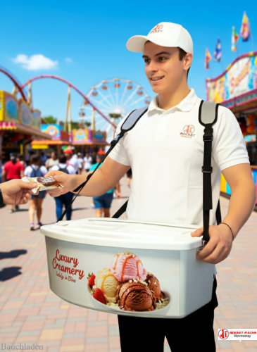 Eiscreme Bauchladen beim Straßenfest in Wien Softeis & Milchshakes