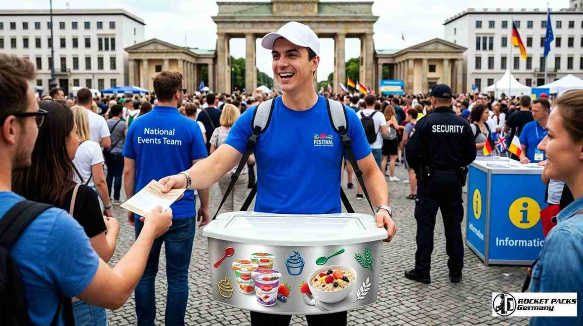 Professionelles Eiscreme-Sampling-Tray für Hostessen auf der Messe Berlin; Leichtbau-Bauchladen für effiziente Probetest-Aktionen und Markenauftritt.