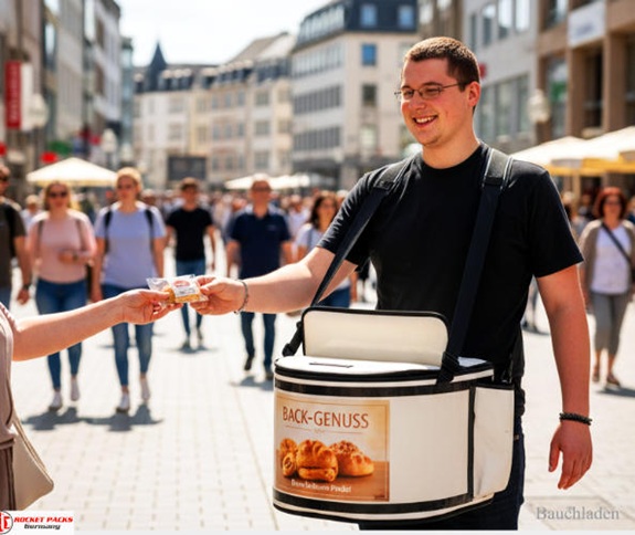 Sampling mit Bauchladen in Eventlocation Zürich während des Weihnachtsmarkts, unterstützt durch umfassende Marketingintegration und aufmerksamkeitsstarkes Visual Merchandising.