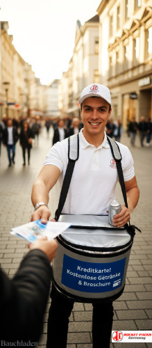 Verkaufsfördernde food Promotion am POS mit Bauchladen auf der Kulturmeile Nürnberg, betont durch Markenbotschaft und Cross Promotion.