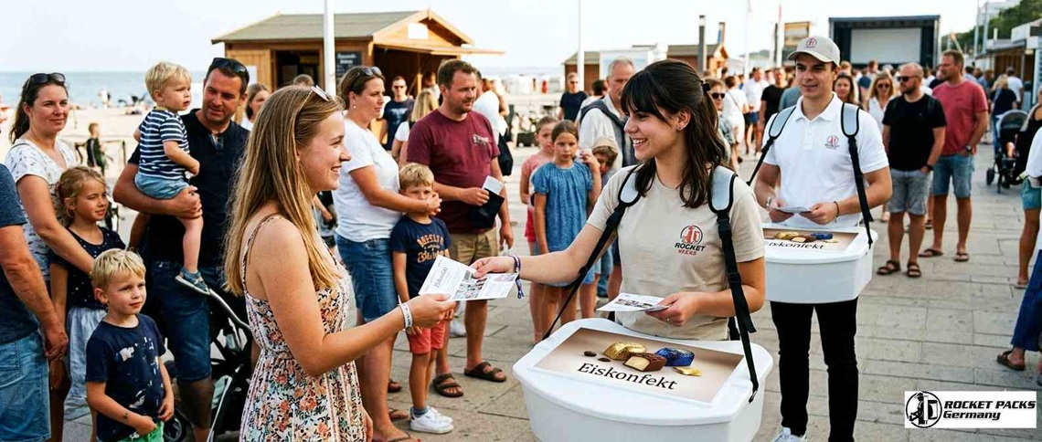 Isolierter Bauchladen für Frozen Yogurt und Kaltgetränke bei Sommer-Events in Basel; tragbare Komplettlösung für klimafreundliches Eventmanagement.