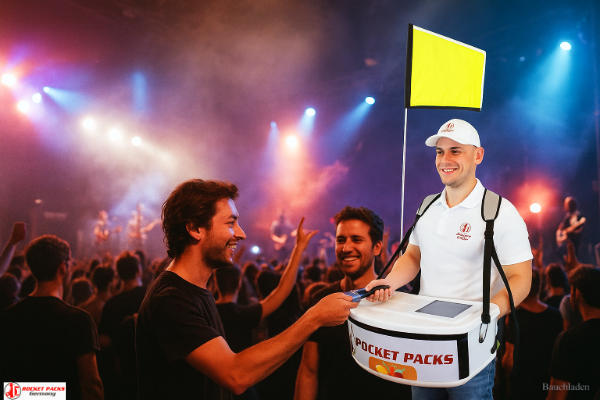 Getränke-Bauchladen auf Stuttgarter Catering-Event – POS-Marketing in Action.