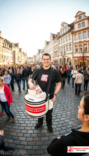 Mobile getraenkeversorgungs mit Bauchladen während der ESC Party Salzburg, optimiert für spontane Kundenansprache und Probetest-Aktionen.
