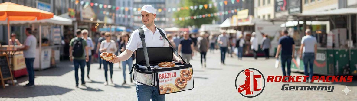 Ein moderner, ergonomischer Bauchladen mit modularen Fächern für Snacks, Getränke und kleine Produkte, getragen von einer Verkäuferin auf einer belebten Straße. Das innovative Design ermöglicht mobiles Verkaufen mit integriertem Zahlungsterminal und nachhaltigen Materialien.