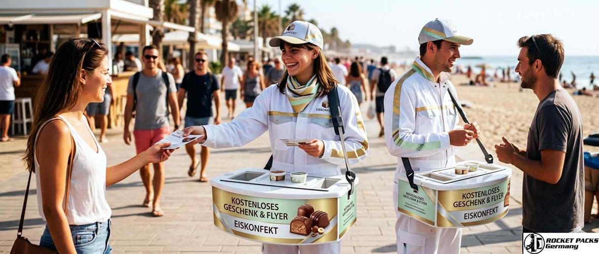 Isolierter Speiseeis-Bauchladen mit aktiver Thermo-Inhaltspflege für den mobilen Gefriergut-Verkauf; professionelle Kühl-Verkaufshilfe für das Donauinselfest in Wien bei sommerlichen Temperaturen.
