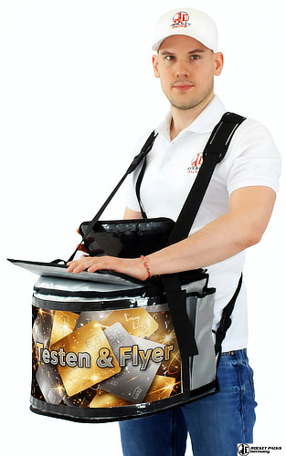 Professioneller Bauchladen für Coffee To Go. Die Gurtsysteme sind so justiert, dass das Gewicht der Thermoskannen den Rücken auch bei langen Schichten schont.