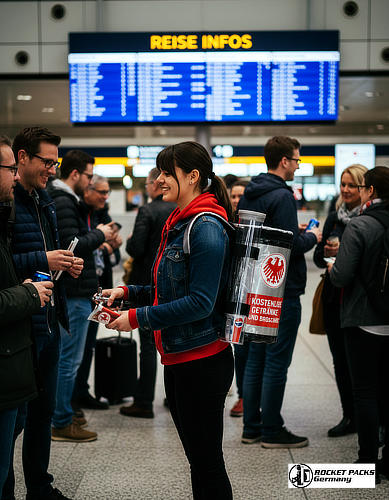 Ein Verkäufer inmitten einer Menschenmenge beim Karneval, der trotz Gedränge sicher Getränke und Broschüren ausgibt.