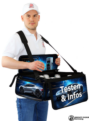 Kompakte POS-Lösung für den Straßenverkauf. Der Bauchladen fungiert als mobiler Point of Sale, der die Barriere zwischen Verkäufer und Shopper minimiert.