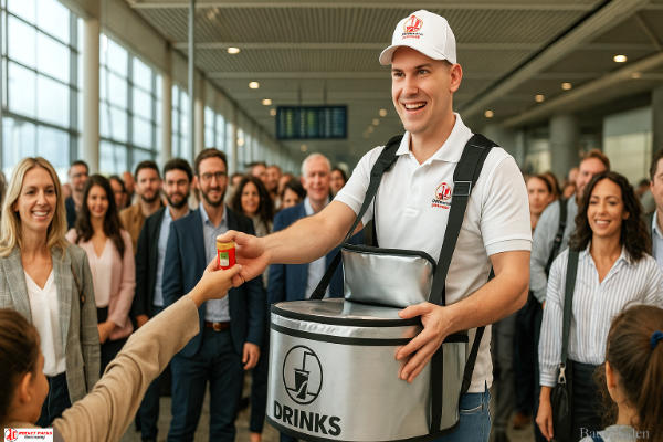 Lebensmittel-Bauchladen auf Bremer Weihnachtsmarkt – Verkaufsaktion und Markenauftritt.