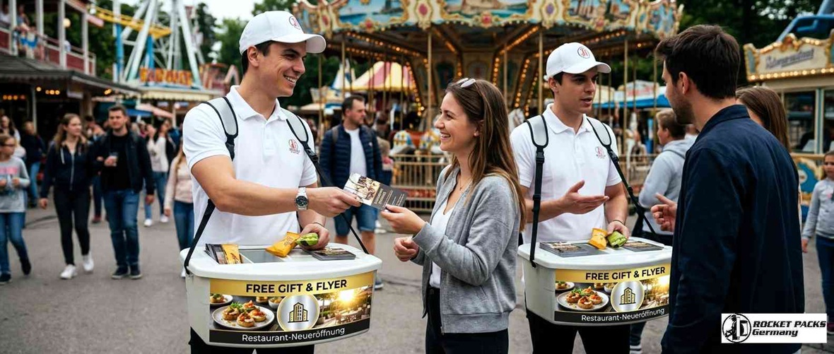 Leichter Textil-Bauchladen für Promotion-Agenturen am Zürcher Hauptbahnhof; ergonomisches Tragesystem für effiziente Flyer-Verteilung und Proben.
