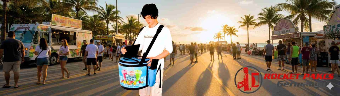 Ein leichter Verkäufer-Bauchladen mit integrierter Werbefläche, getragen von einem jungen Promoter auf einer Messe. Das kompakte Design ermöglicht einfaches Tragen, während die Vorderseite Platz für auffällige Markenlogos und Botschaften bietet.
