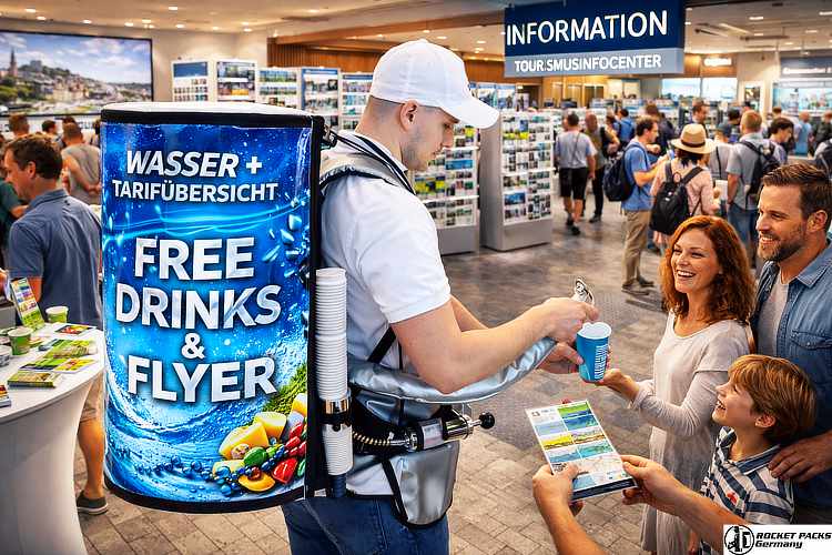 Getränke To Go direkt im Publikum verteilen. Ein gut ausbalancierter Bauchladen verhindert das Verschütten. Wer effizient arbeitet, steigert den Kaffeekonsum pro Kopf spürbar.