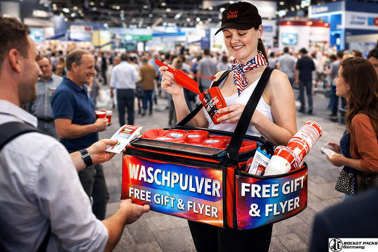 Live-Event-Versorgung ohne Logistik-Stau. Der Verkäufer bewegt sich flexibel durch die Reihen. Das ist echtes Livemarketing, das Emotionen direkt durch Drinks oder Snacks vermittelt.