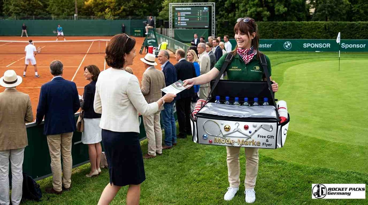 Mobiles Verkaufstablett Klassik für Messe-Hostessen in Frankfurt; ideale Lösung für die Verteilung von Give-aways und Flyern am POS.