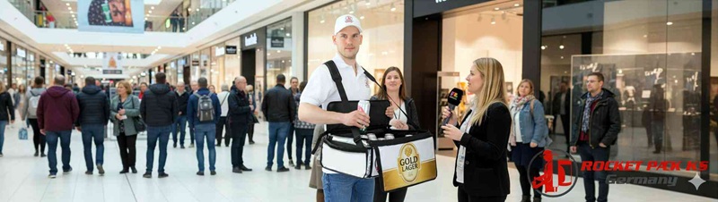 OpenAir Sampling und Outdoor Marketing Promotion mit mobil-tragbarem Bauchladen beim Sommerfest Stuttgart, unterstützt durch direkte Kundeninteraktion und umfassende Verkaufsförderung.