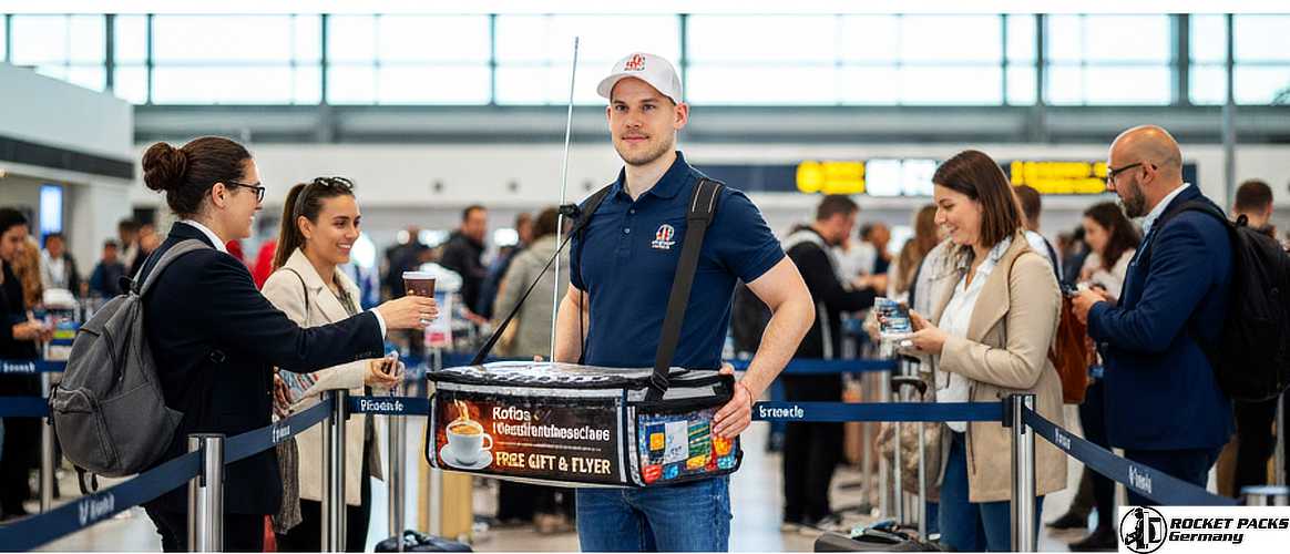 Markenbotschafter mit tragbarem Shop-Konzept. Echter Service von Mensch zu Mensch funktioniert ohne Automaten besser.