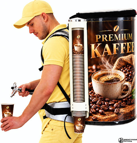 Promoter mit isoliertem Kaffeerucksack, Zapfpistole und integriertem Becherspender beim mobilen Kaffeeausschank