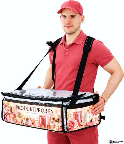 Promoter mit Klassik-Bauchladen und individuell gestaltbaren Werbeflächen für Kosmetik-Produktproben und mobile Promotion-Aktionen