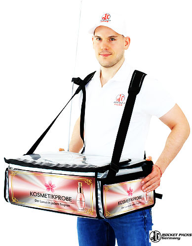 Detailansicht eines Rocketpacks Verkaufsbox mit gepolsterten Kreuzgurten und Bauchgurt, der für maximalen Tragekomfort und rückenfreundliches Arbeiten bei langen Einsätzen sorgt.