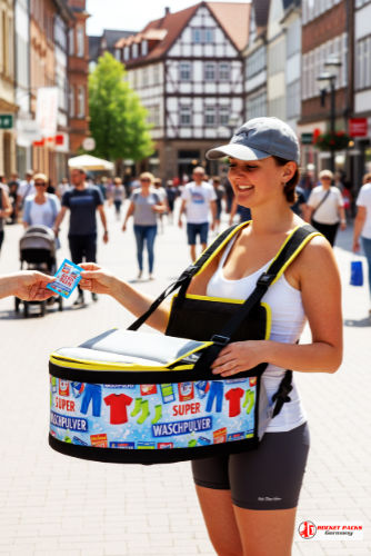 Verkauf am Point of Sale mit dem rocketpacks﻿ Bauchladen auf dem Weinfest Basel, unterstützt durch Personal Promotion und intensiven Probetests.