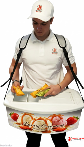 Mobiler Eiscreme Bauchladen﻿ von Rocketpacks bei der Berlinale in Berlin, ideal für To GO Verkaufs- und Samplingaktionen mit aktivem Straßenverkaufserlebnis﻿.