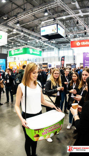 Mobile Promotion mit Rocketpacks Eiscreme Bauchladen﻿ beim Sommerabend Graz, unterstützt durch Personal Promotion﻿ und intensives Kundenfeedback.