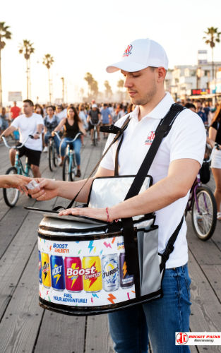 Sampling mit rocketpacks﻿ mobilen Getränkebauchladen bei den Festspielen in Luzern, integriert in modernes Live Event Konzept mit hohem Servicestandards.