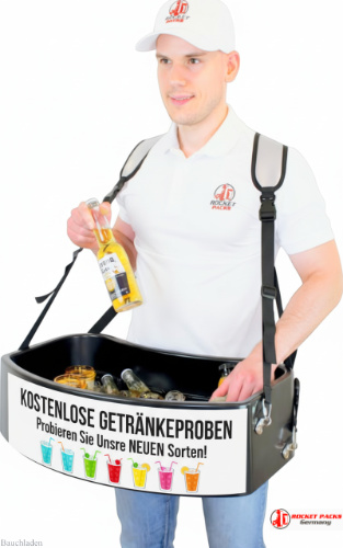 Professionelle Getränkeausschanklösung mit rocketpacks getränke bauchladen﻿ auf der Hannover Messe, optimal für B2B und Live-Events.