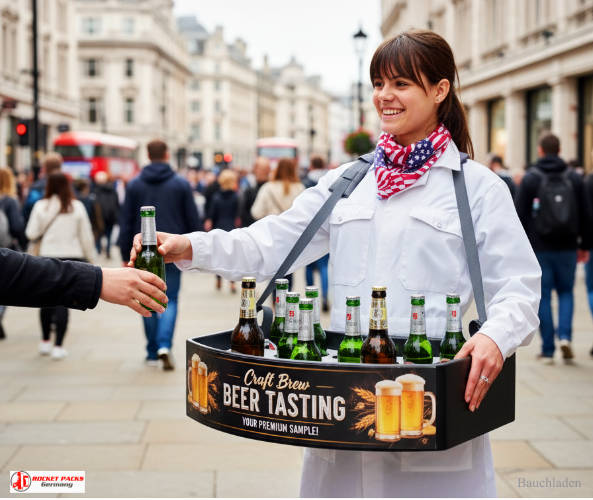 Mobile Getränkebewirtung mit rocketpacks﻿ Bauchladen auf dem Weinfest Karlsruhe, mit Live Kommunikation und Sampling Highlights.
